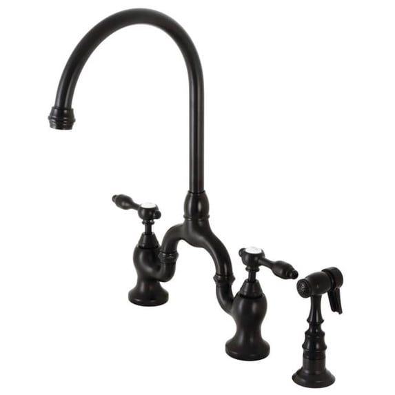 Tudor Bridge Kitchen Faucet with Brass Sprayer, Matte Black