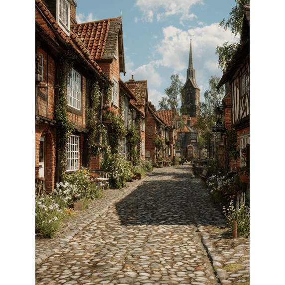 Tudor Village Cobblestone Street Canvas Print, Living Room Bedroom Kitchen Hallway Decor