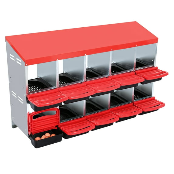 Tuekys 10 Hole Chicken Nesting Boxes, Metal Chicken Egg Laying Box with Swing Perch and Rollout for Chicken Coop, Red