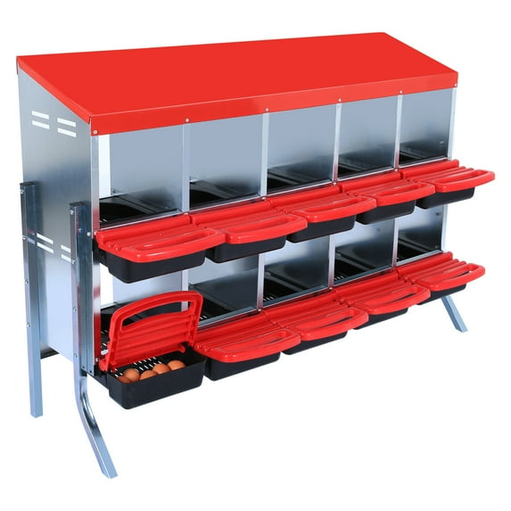 Tuekys 10 Hole Chicken Nesting Boxes, Metal Chicken Egg Laying Box with Swing Perch and Rollout for Chicken Coop, Red