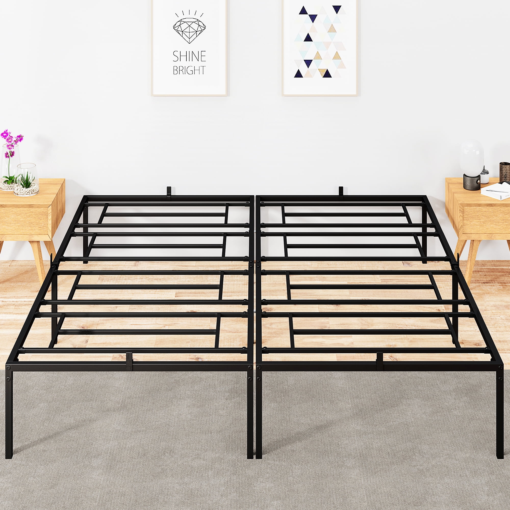 Black Metal Queen Bed Frame with Storage and Slats