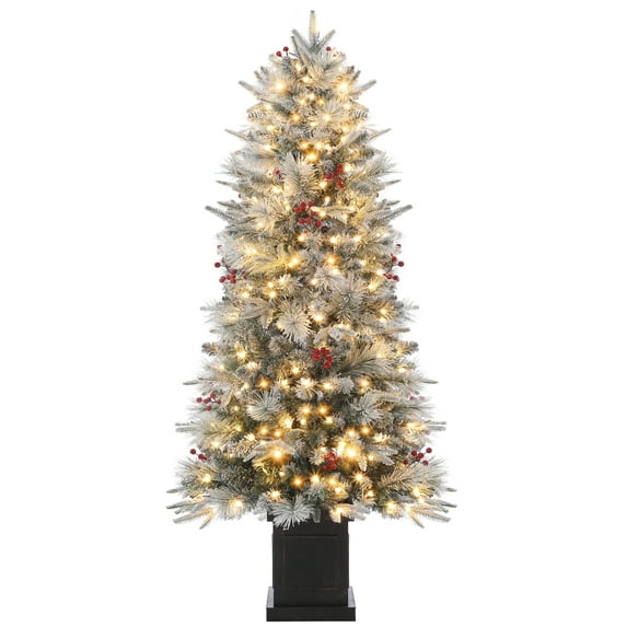 Tuekys 4.5ft Potted Pre-Lit Christmas Tree Artificial Snow Flocked Pine Tree for Home, Office, Party Decoration with 200 Warm-White Lights, Xmas Tree with Red Berries
