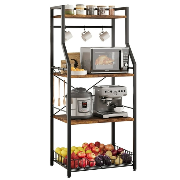 Tuekys 4-Tier Kitchen Bakers Rack, Microwave Oven Stand, Industrial Coffee Bar Station,Kitchen Utility Storage Shelf with 8 Hooks and Large Wire Basket, Pots Organizer, Brown