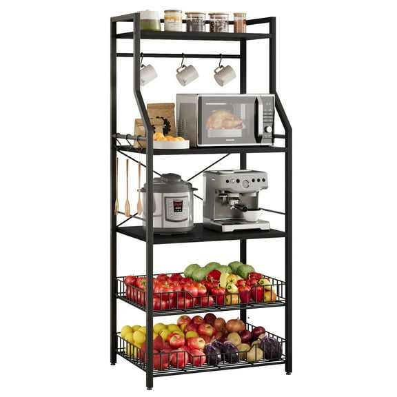 Tuekys 5-Tier Kitchen Bakers Rack, Microwave Oven Stand, Industrial Coffee Bar Station,Kitchen Utility Storage Shelf with 8 Hooks and 2 Large Wire Basket, Pots Organizer, Black