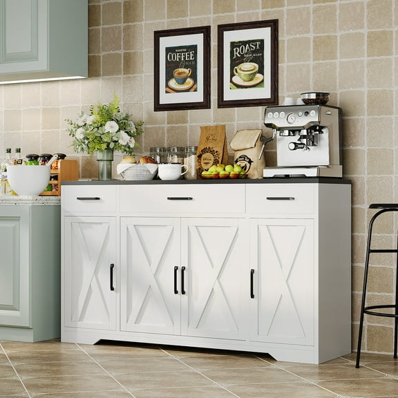 Tuekys 55" Buffet Cabinet with Drawers, Large Sideboard Buffet Storage Cabinet with Shelves and Doors, Farmhouse Coffee Bar Wood Buffet Table for Kitchen, Dining Room