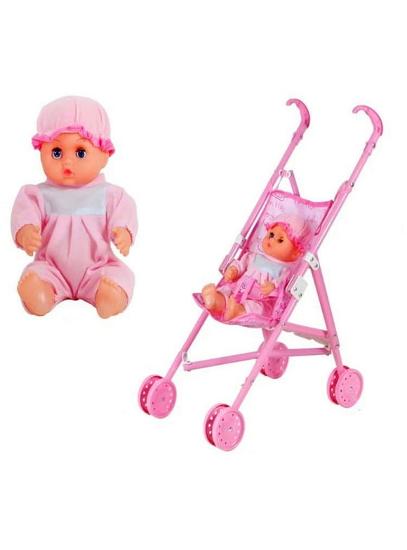 Tuekys Baby Infant Doll Stroller Carriage Foldable with Doll for 12inch Doll Mini Stroller Toys Gift Pink