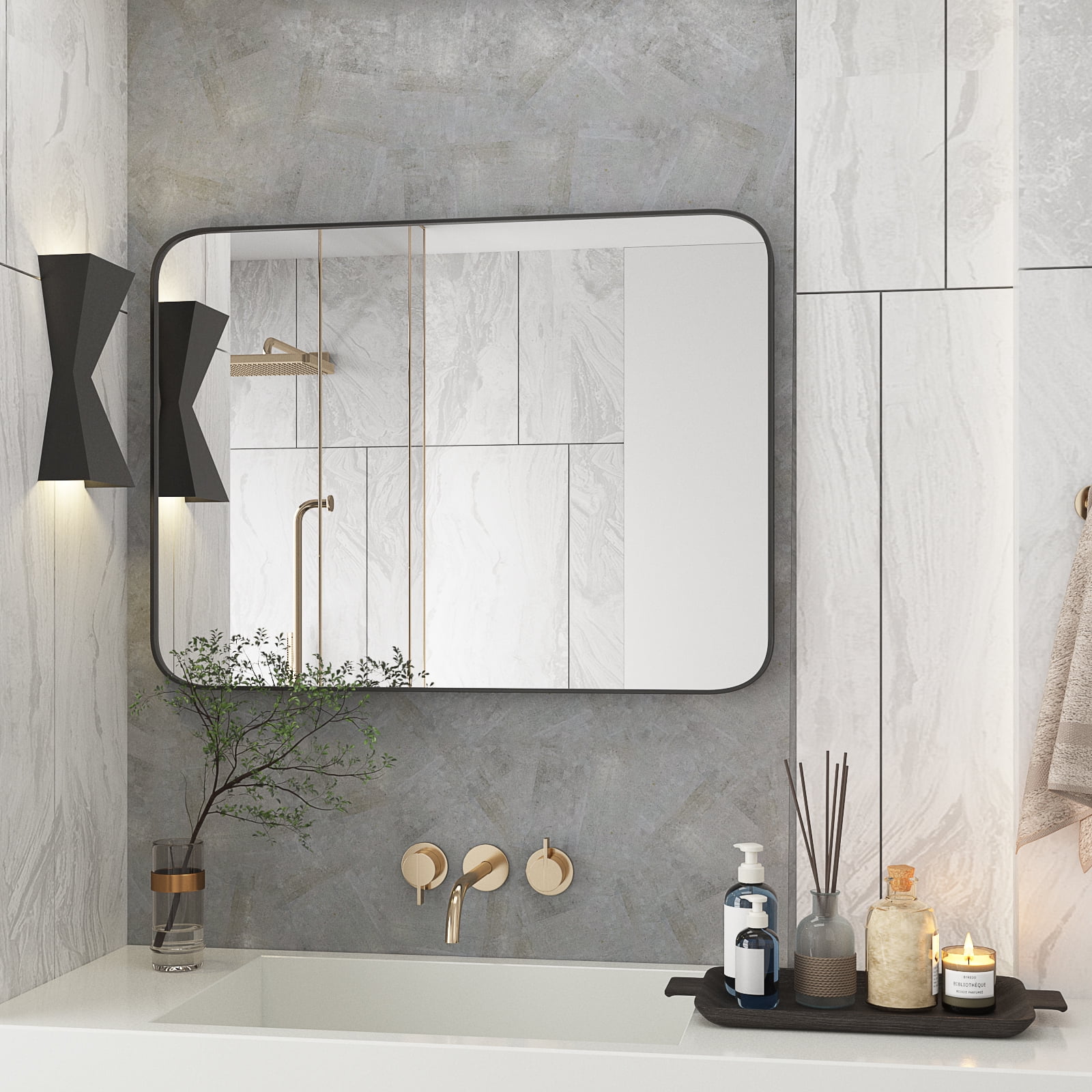 Tuekys Bathroom Mirror,48x30 inch Stylish WallMounted Rectangular Bathroom Makeup Mirror with