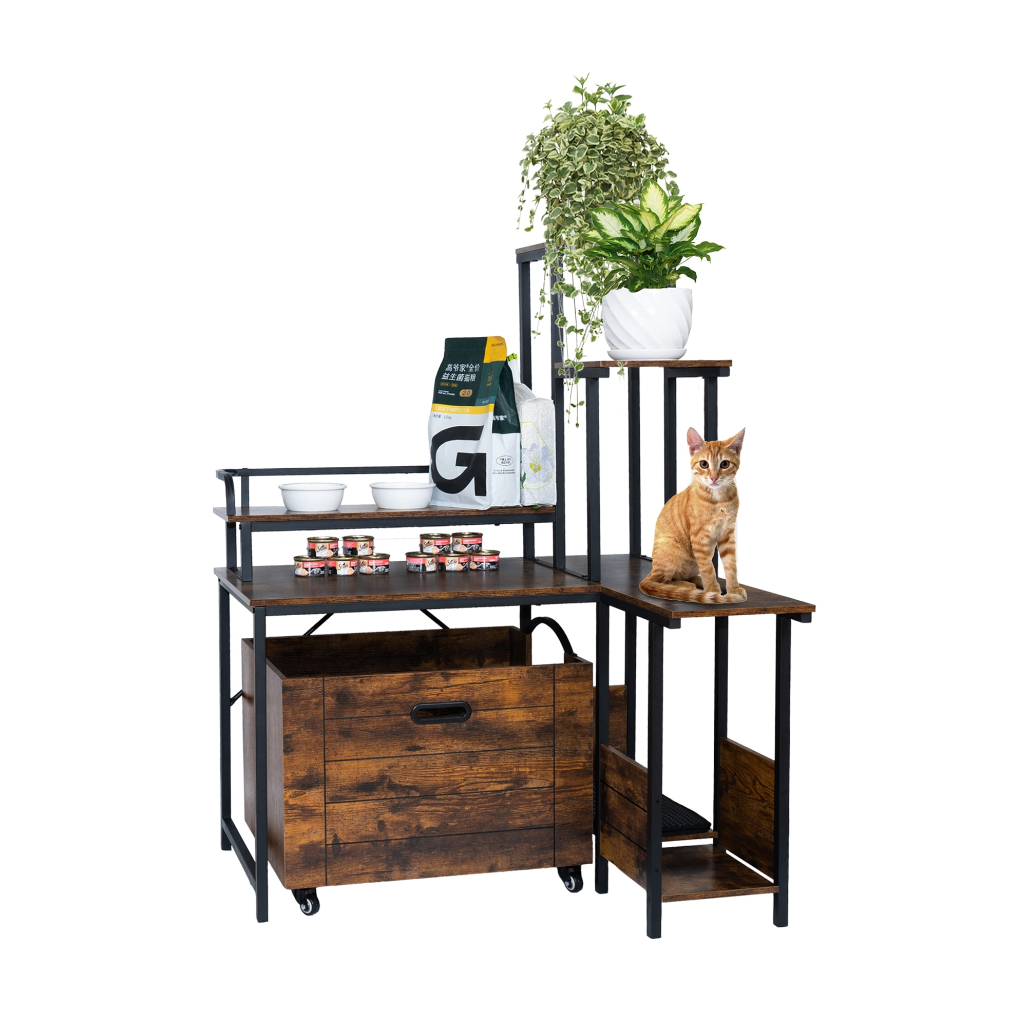 Tuekys Cat Litter Box Enclosure with Flower Stand,Hidden Wooden Cat