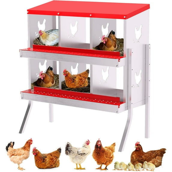 Tuekys Chicken Nesting Boxes, 6 Compartment Metal Chicken Egg Laying Box with Vented Holes and Legs for Chicken Coop, Red