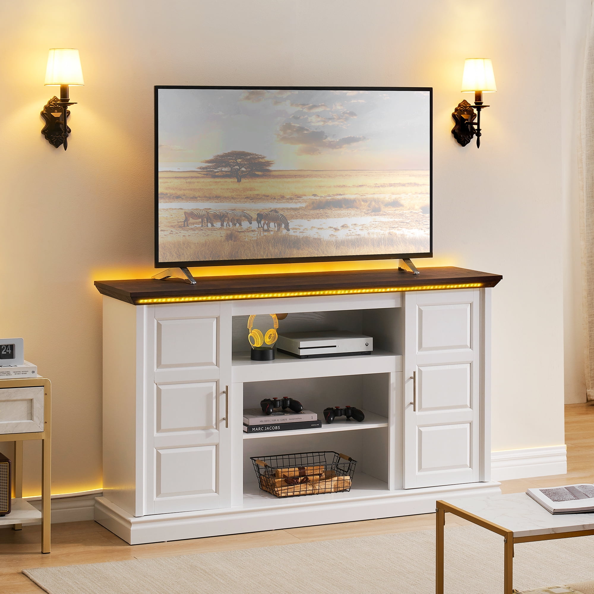 Tuekys Dresser TV Stand with LED for 65 inch TV, Farmhouse TV Stand for