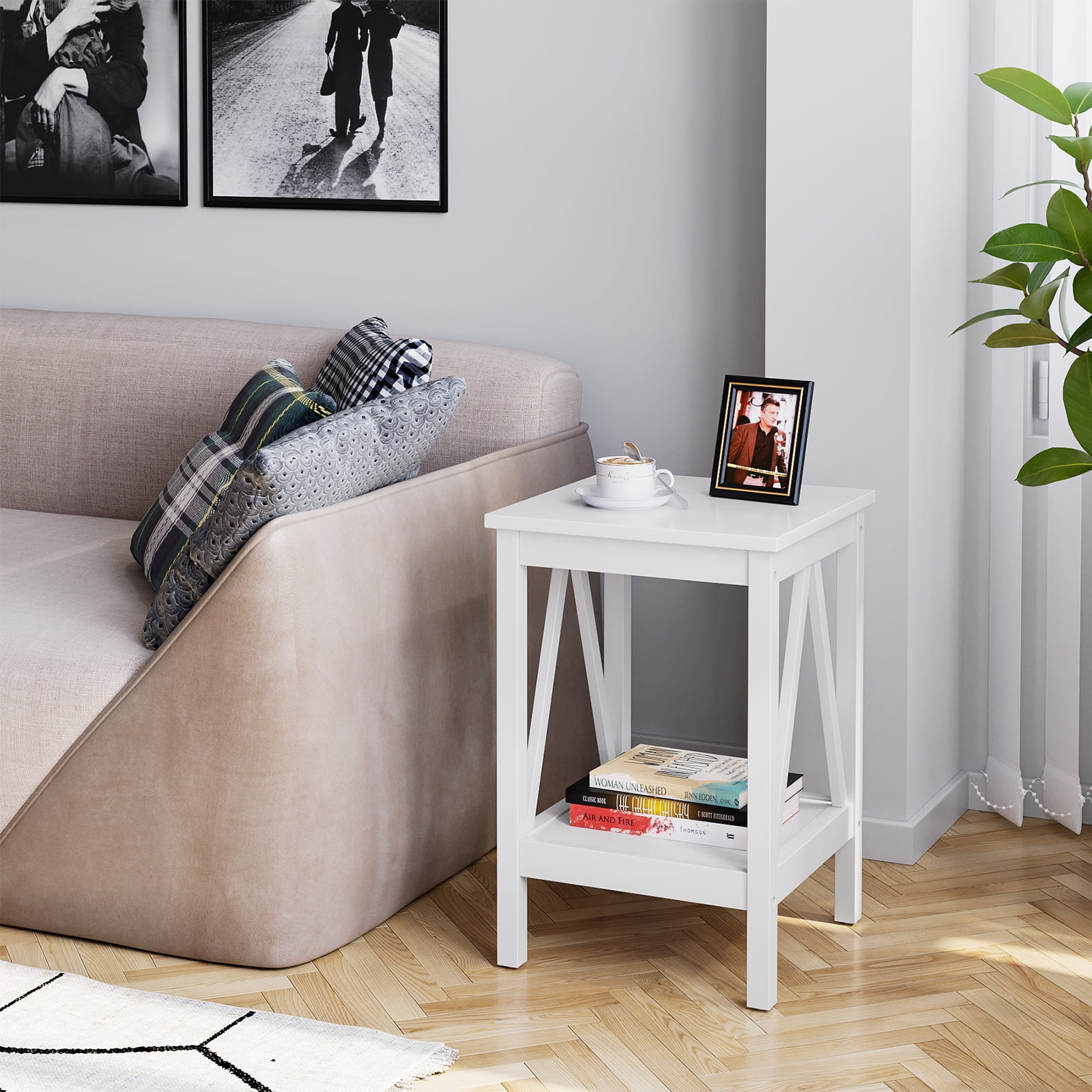 Tuekys End Table Square White Side Table, Nightstand with 2Tier