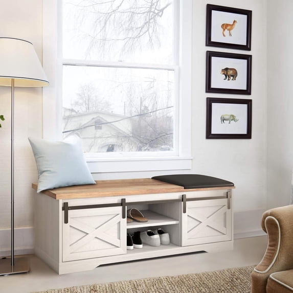 Tuekys Farmhouse Entryway Bench with Shoe Storage, Shoe Bench with Cushion and Hidden Shoe Storage Compartment