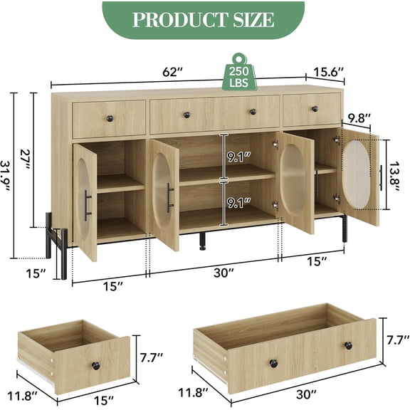 Tuekys Farmhouse Sideboard Buffet with Storage, 62" Large Coffee Bar with 3 Drawers & Adjustable Shelves, Wooden Kitchen Pantry Storage Cabinet for Living Room