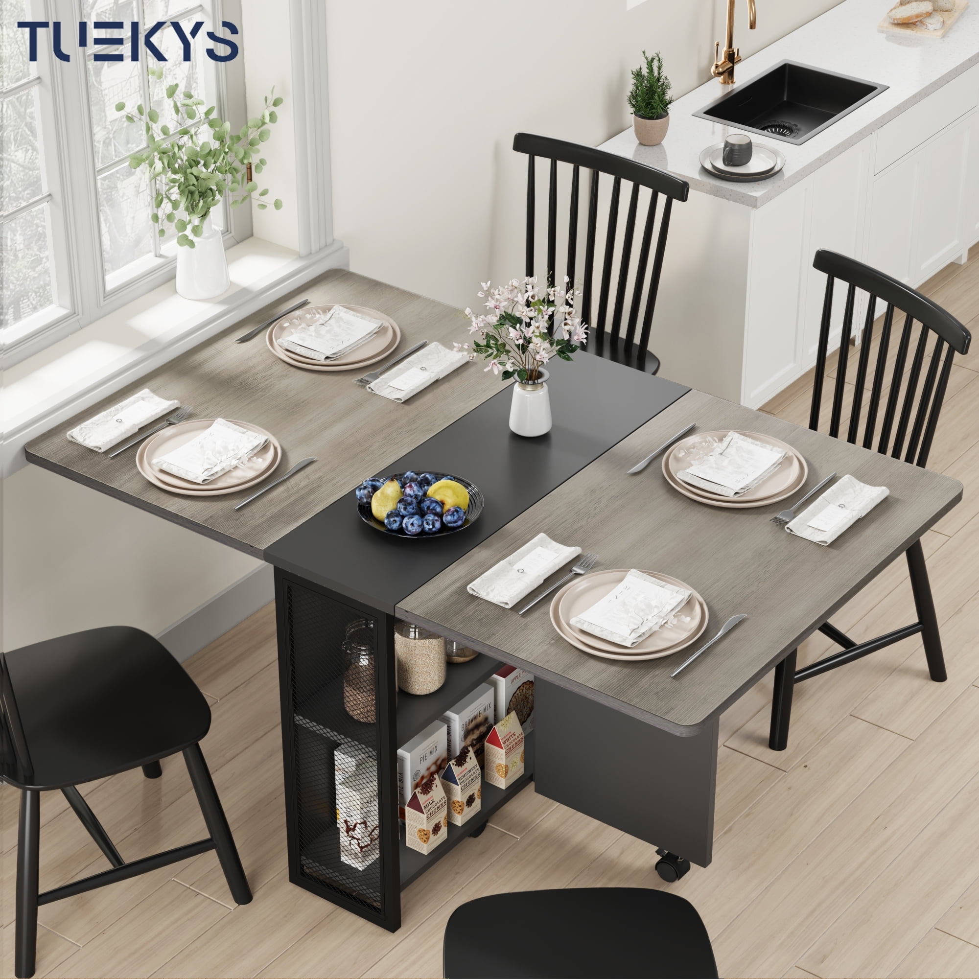 Tuekys Folding Dining Table Drop Leaf Kitchen Table with 2 Storage Racks-Perfect for Small Spaces Multifunction Space Saving Table Extension Dinner Table Kitchen Office Desk Gray
