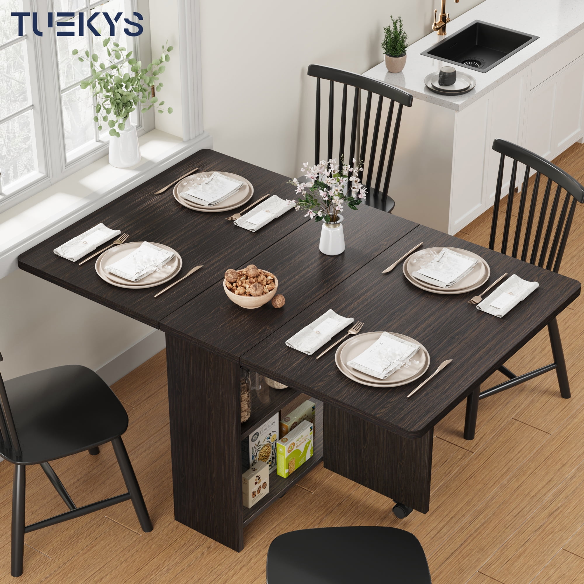 Tuekys Folding Dining Table Drop Leaf Kitchen Table with 2 Storage Racks-Perfect for Small Spaces Multifunction Space Saving Table Extension Dinner Table Kitchen Office Desk Black