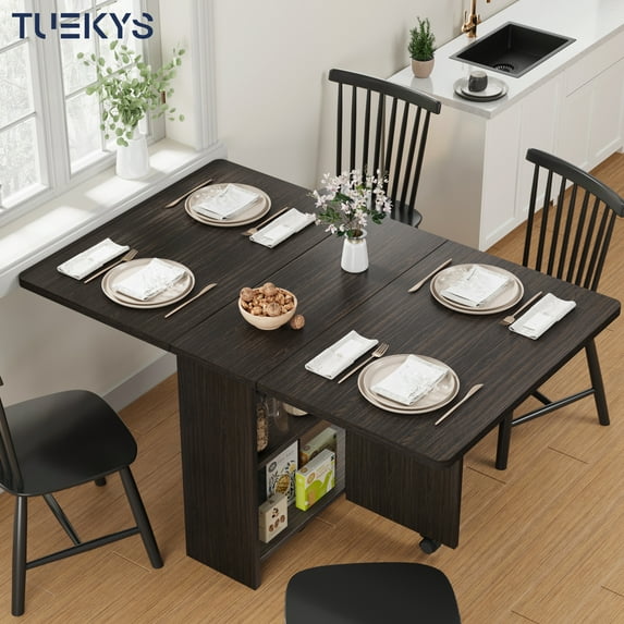 Tuekys Folding Dining Table Drop Leaf Kitchen Table with 2 Storage Racks-Perfect for Small Spaces Multifunction Space Saving Table Extension Dinner Table Kitchen Office Desk Black