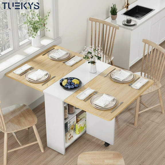 Tuekys Folding Dining Table Drop Leaf Kitchen Table with 2 Storage Racks-Perfect for Small Spaces Multifunction Space Saving Table Extension Dinner Table Kitchen Office Desk White