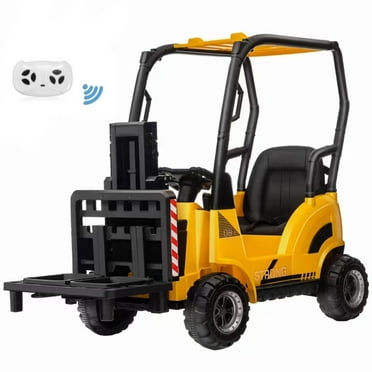 Tuekys Kids Ride on Forklift with Tent,12V Electric Ride on Construction Car with Remote Control, Two Modes to Drive,Liftable Fork and Pallet,2 Speeds, Music, MP3,USB,Yellow