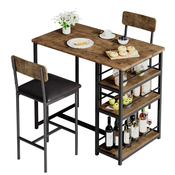Tuekys Kitchen Table Set, Dining Table Set for 2 with Open Storage Shelves, Pub Table and Chairs Set with 2 PU Bar Stools, Kitchen Counter Storage Bar Table Set for Small Spaces, Apartment