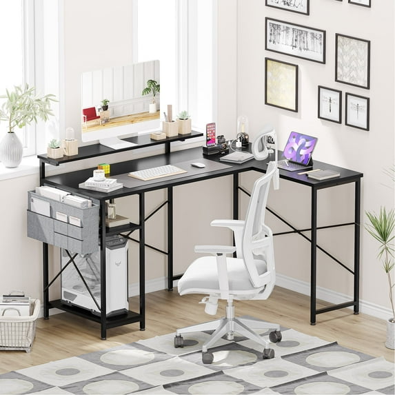 Tuekys L Shaped Computer Gaming Desk, 54 inch Home Office Desk with Power Outlet LED Strip and Storage Bag, Reversible Modern Simple Study Desk