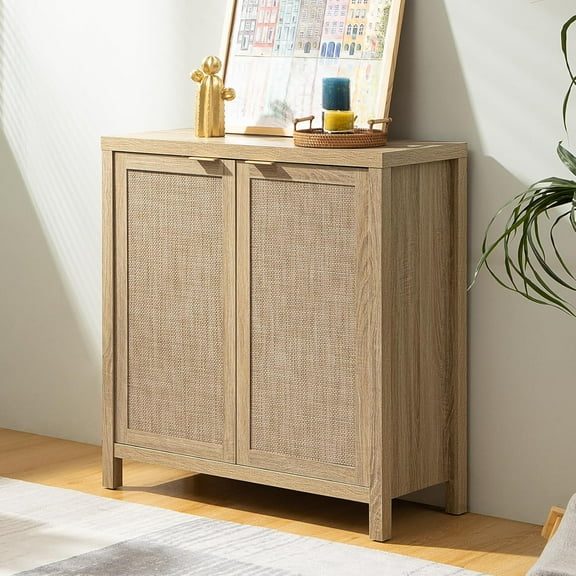 Tuekys Rattan Sideboard Buffet Cabinet, Boho Large Kitchen Credenza Cabinet with Rattan Storage for Dining Living Room Hallway, Light Oak
