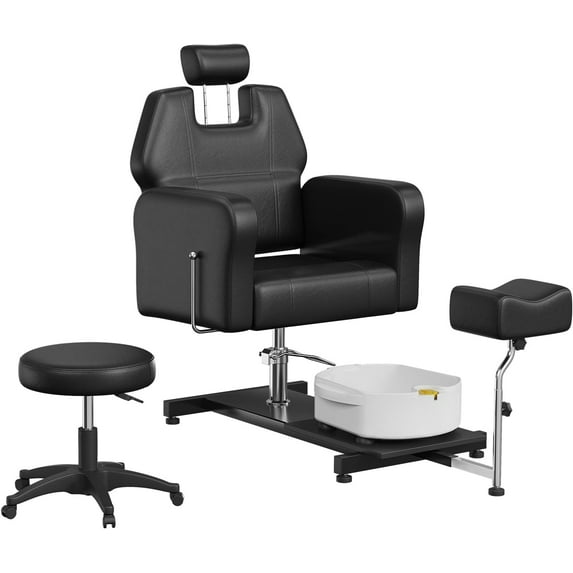 Tuekys Reclining Pedicure Chair with Stool, 360° Rotation Massage Foot Bath Hydraulic Pedi Chair, Height Adjustable Reclining Pedicure Unit Station, Black