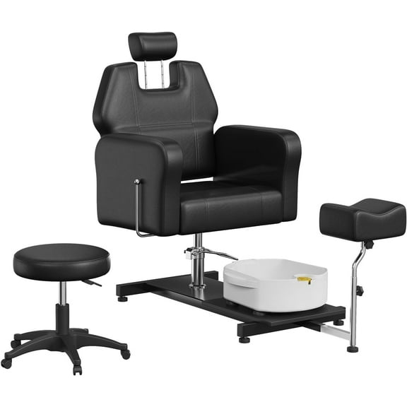 Tuekys Reclining Pedicure Chair with Stool, 360° Rotation Massage Foot Bath Hydraulic Pedi Chair, Height Adjustable Reclining Pedicure Unit Station, Black