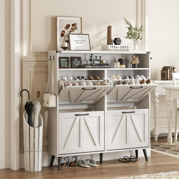 Tuekys Shoe Storage Cabinet, Shoe Organizer with 4 Flip Drawers & Barn Door, Freestanding Shoe Rack with Open Shelves for Entryway Foyer Hallway, White