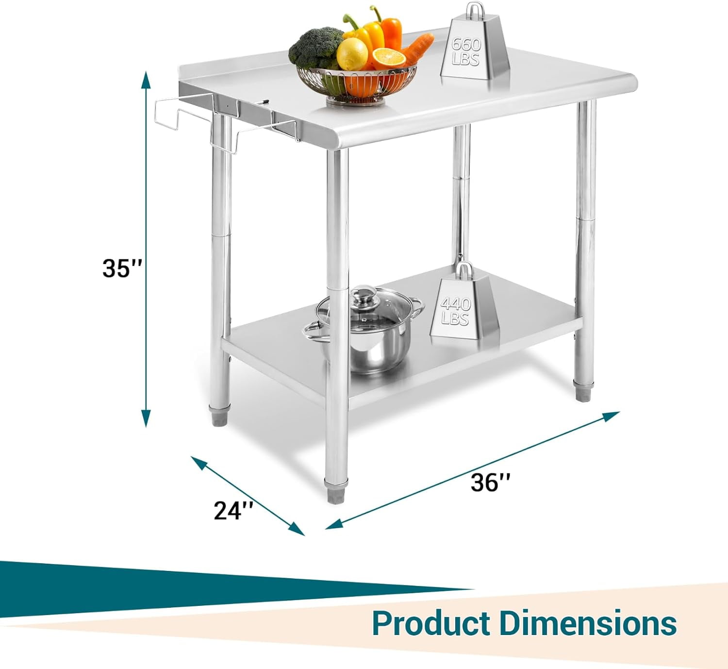 Tuekys Stainless Steel Table with Hooks,Metal Prep Table with Backsplash & Adjustable Undershelf,Curved Edge,Heavy Duty Food Prep Worktable for Home