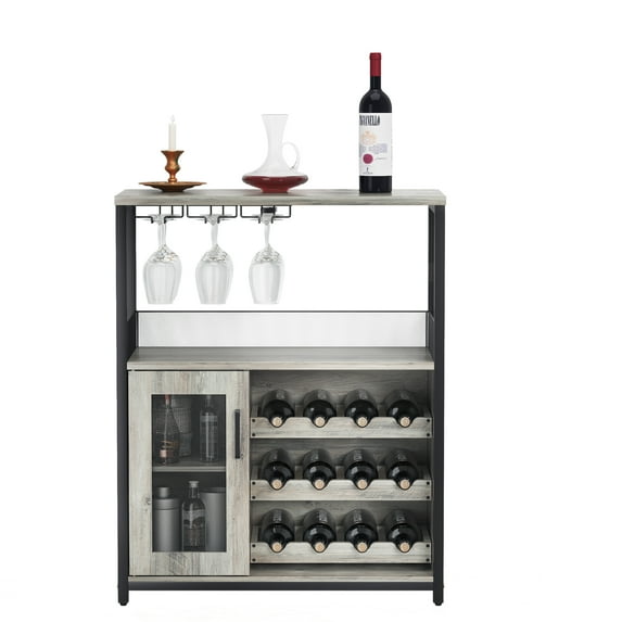 Tuekys Wine Bar Cabinet with Storage,Small Liquor Cabinet,Bar Cabinet with Glass Holder,Mesh Door for Apartment,Bar,Kitchen,Dining Room,Home Decor-Gray
