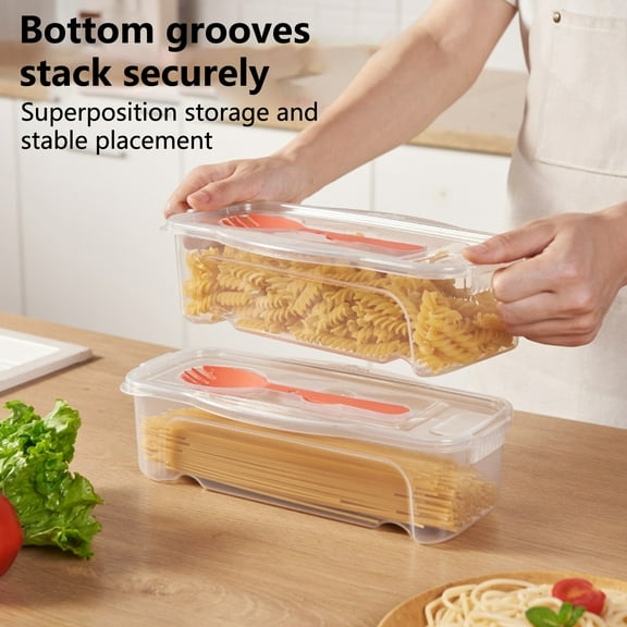 Tuelaly 1.3L Microwave Pasta Cooker Heat Resistant Food Grade Transparent Microwave Heating Drainage Storage Vegetable Classification Fridge Food Box with Strainer/ Lid/ Fork Fridge Food Container