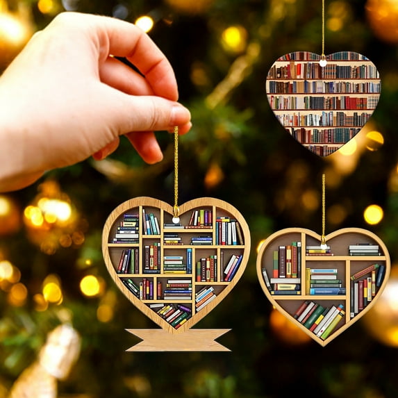 Tuelaly Personalized Vintage Wooden Book Heart Ornament (Not 3D) Book Lovers Gifts, Bookish Gifts, Librarian Gifts, Tree Ornament Gift for Librarian, Gifts for Readers, Christmas Tree Ornaments
