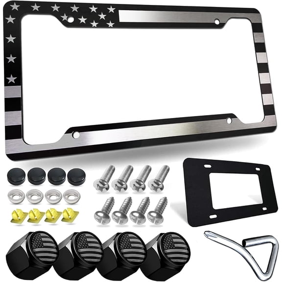 Tuersan American Flag License Plate Frame Patriotic USA Flag Car Tag Cover, Rust Rattle Proof Aluminum Holder with Mounting Hardware Kit,Rust Resistant Screws Bolts,Black Caps, Tire Valve Stem Caps