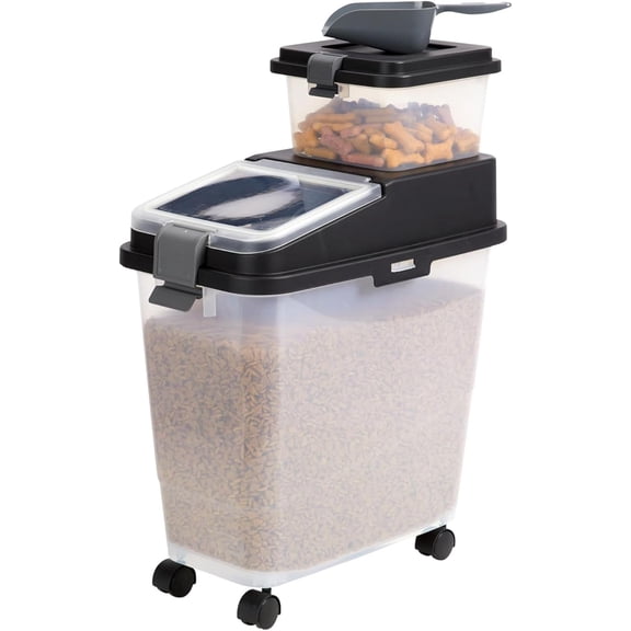 Tuff 3 Piece Airtight Dog Food Storage Container, Up to 36 lbs, with 5 lbs Dog Treat Container and Portion Scoop BPA Free Airtight Pet Food Bin on Wheels