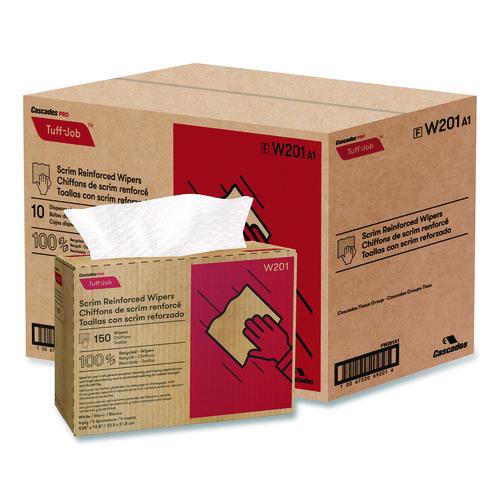Tuff-Job Scrim Reinforced Wipers, 4-Ply, 9.25 x 12.5, White, 150/Box, 10 Boxes/Carton | Bundle of 2