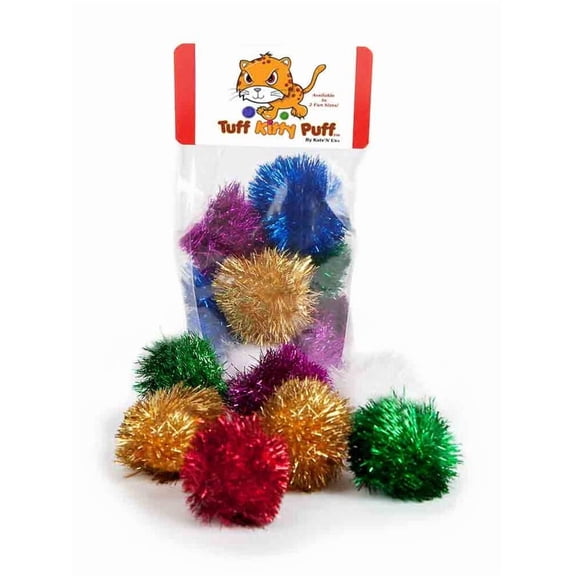 Tuff Kitty Puff Pack of 12 Jumbo 2 Inch Sparkle Tinsel Balls for Cats Assorted Colors