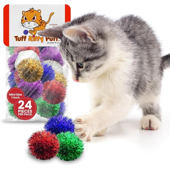 Tuff Kitty Puff Pack of 24 Mini 1 Inch Sparkle Tinsel Balls for Cats – Assorted Colors