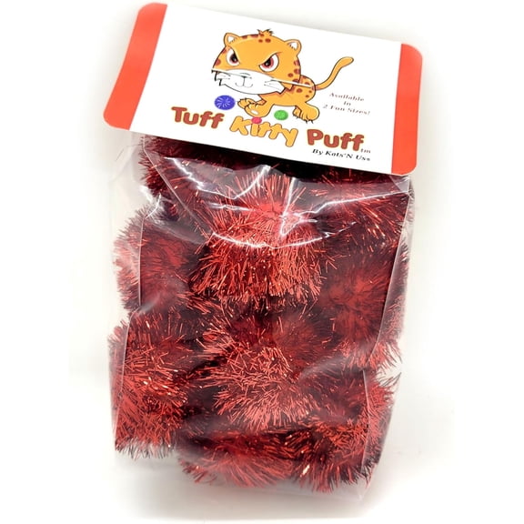 Tuff Kitty Puff Pack of 12 Standard 1.5 Inch Sparkle Tinsel Balls for Cats – Red