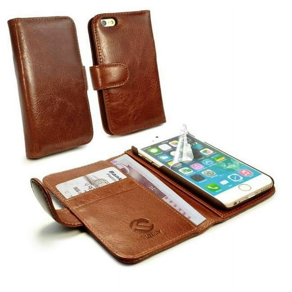 Tuff Luv J3-50 Vintage Genuine Leather Wallet Style Free Screen Protector Case Cover for Apple iPhone 7 - Brown