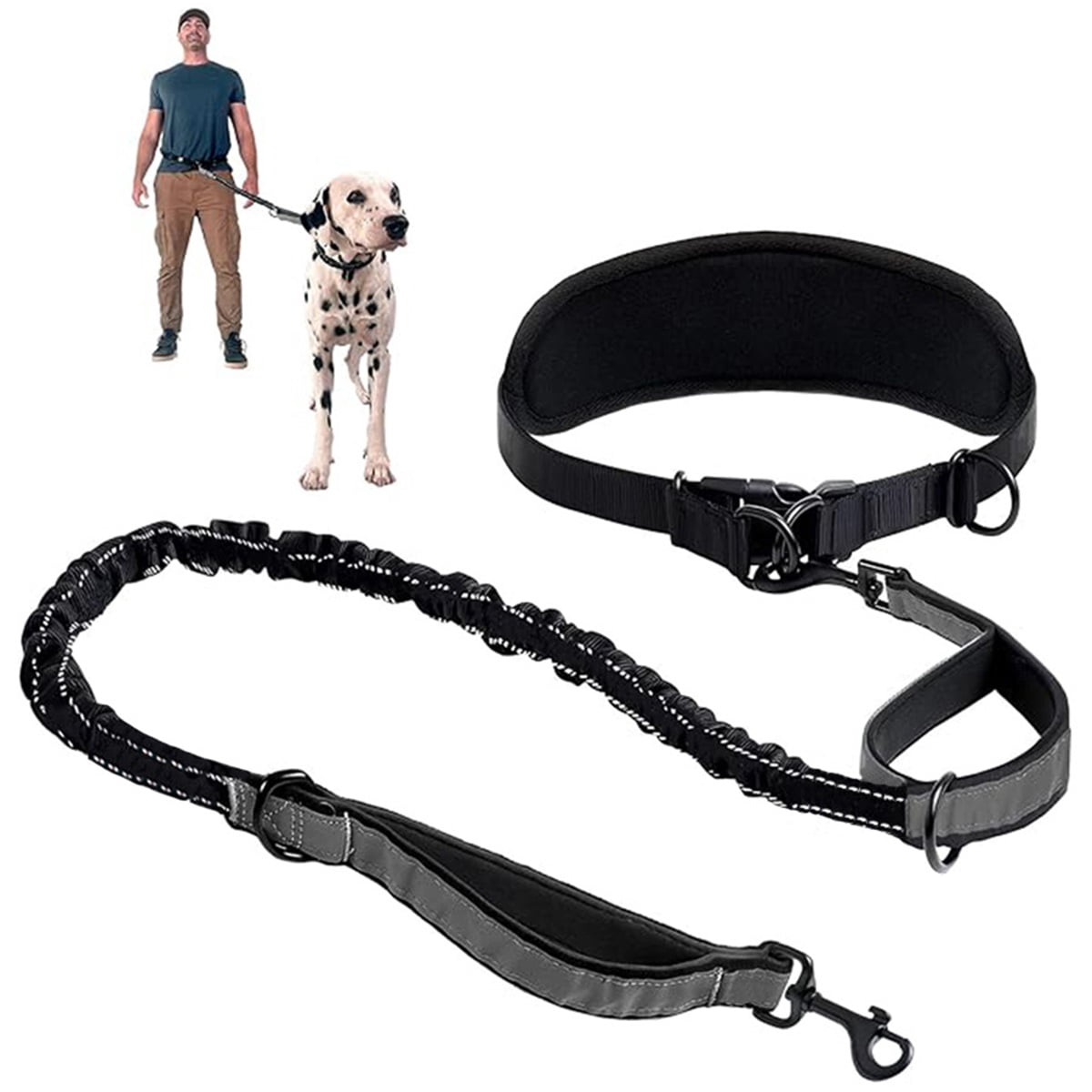 Tuff Mutt Hands Free Dog Leash for Walking Running Hiking, Waist Leash with Bungee, Adjustable Belt, Reflective Double Handle Design for Large Medium Dogs