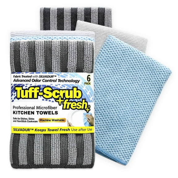 Tuff-Scrub Fresh Professional Microfiber Kitchen Towels, Fabric Treated with SILVADUR Advanced Odor Control Technology, 6-Pack 12x12 Towels