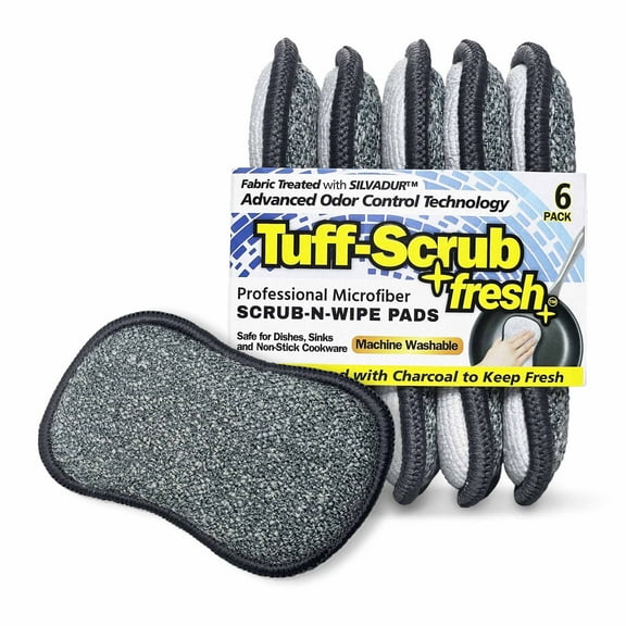 Tuff-Scrub Fresh Small Professional Microfiber Scrub-N-Wipe Sponge Pads, Fabric Treated with SILVADUR Advanced Odor Control Technology and Charcoal-Infused Foam, 6-Pack Small Pads