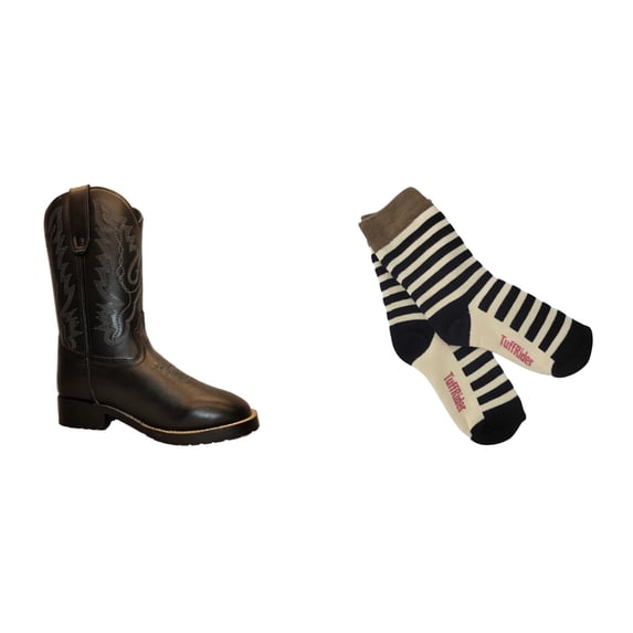 TuffRider Children's Badlands Square Toe Western Boot- Black w/ Light Blue- 2C With Free Assorted Striped Socks