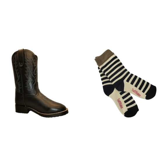 TuffRider Children's Badlands Square Toe Western Boot- Black w/ Light Blue- 3C With Free Assorted Striped Socks