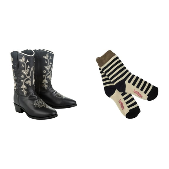 TuffRider Children's Black Floral Western Boot- 1- Black With Free Assorted Striped Socks