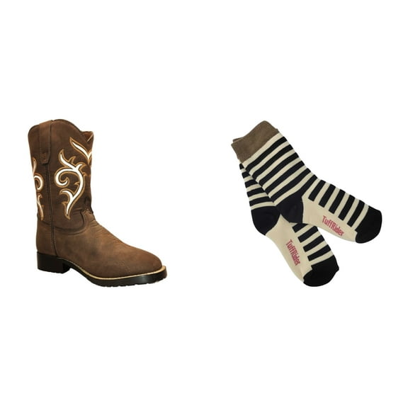 TuffRider Children's Carlsbad Square Toe Western Boot- Brown w/ White- 10C With Free Assorted Striped Socks