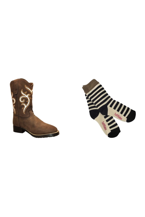 Children's Carlsbad Square Toe Western Boot- Brown w/ White- 10C With Free Assorted Striped Socks