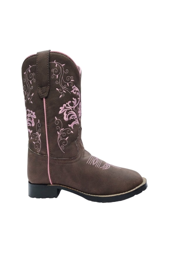 Children's Glacier Square Toe Western Boot- Mocha w/ Pink- 11C