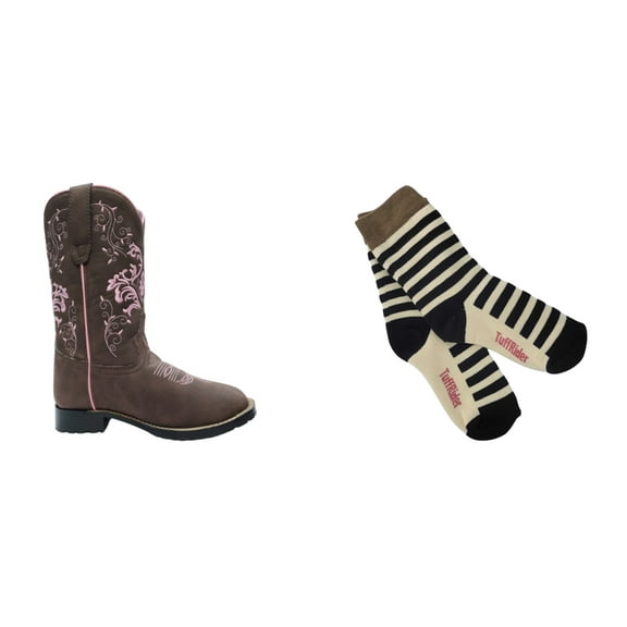 TuffRider Children's Glacier Square Toe Western Boot- Mocha w/ Pink- 1C With Free Assorted Striped Socks