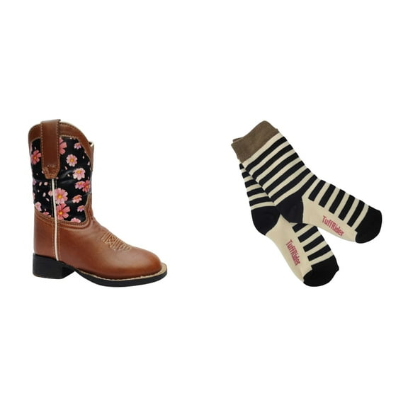 TuffRider Children's Pinnacles Square Toe Western Boot- Brown Floral- 10C With Free Assorted Striped Socks